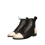 Sergio Rossi Black White Leather Lace Up Flats Ankle Boots Shoes