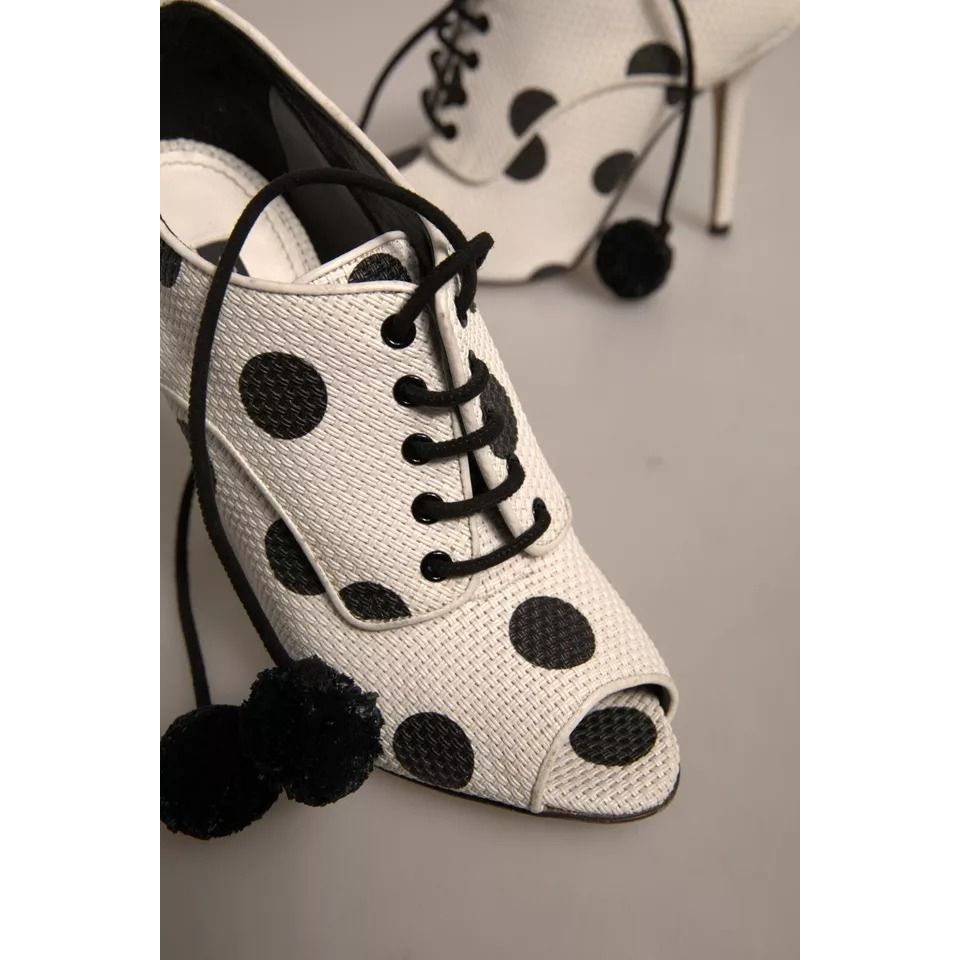 Dolce & Gabbana White Black Polka Dot Peep Toe Ankle Boots Shoes