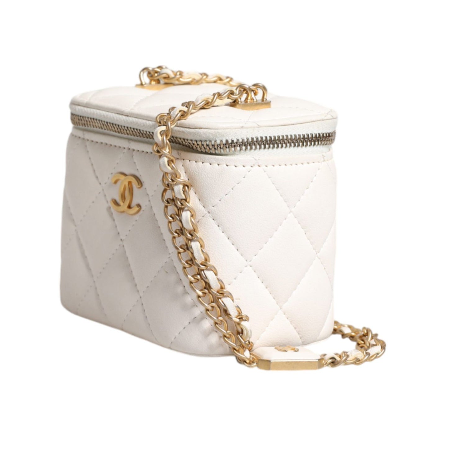 Chanel White Matelasse Lambskin Gold Chain Shoulder Vanity Mirror