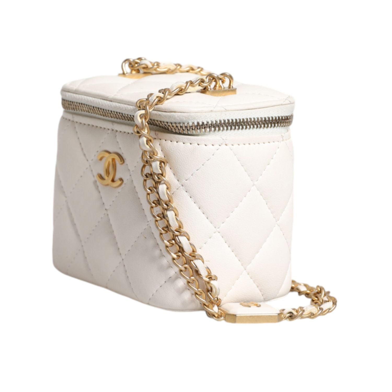 Chanel White Matelasse Lambskin Gold Chain Shoulder Vanity Mirror