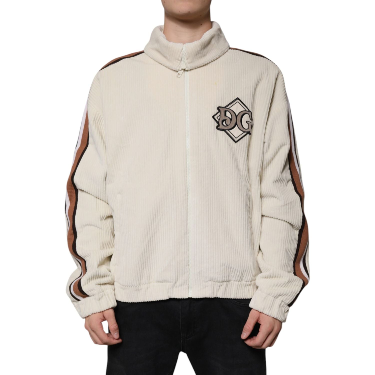 Dolce & Gabbana Beige Logo Applique Cotton Corduroy Full Zip Jacket