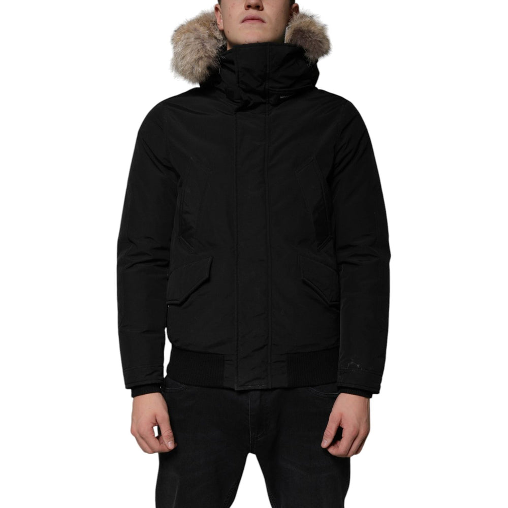 Woolrich Black Hooded Long Sleeves Fur Shearling Coat Jacket JKT41210-46