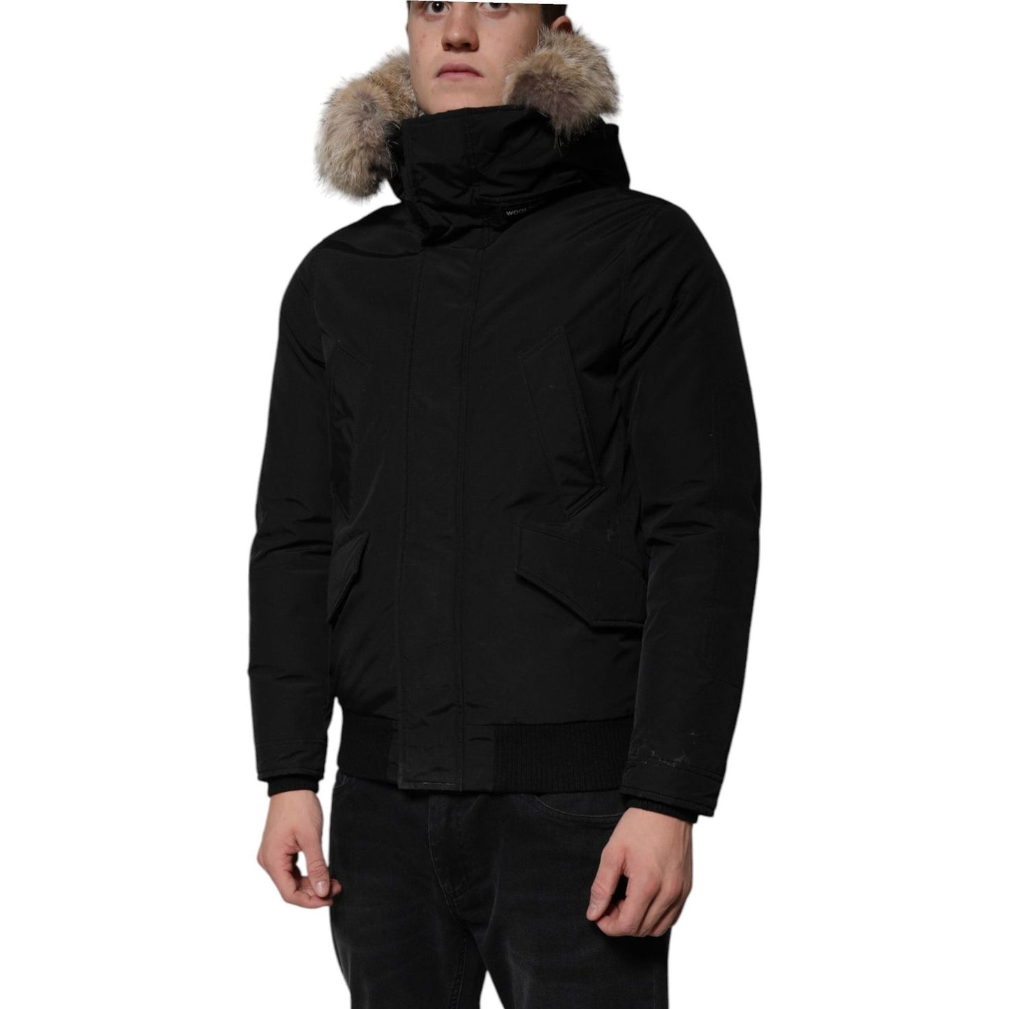 Woolrich Black Hooded Long Sleeves Fur Shearling Coat Jacket JKT41210-46