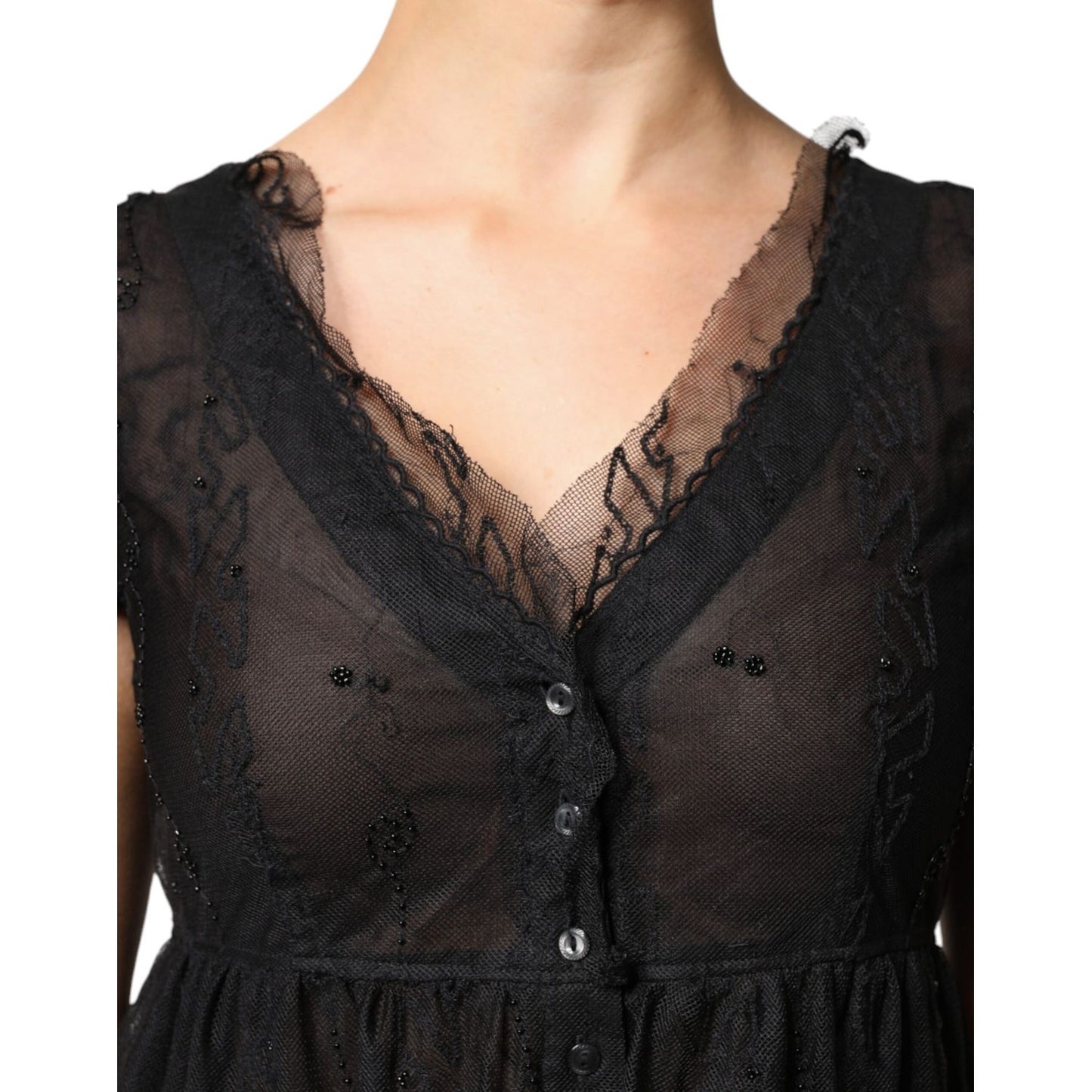 Blugirl Black Short Sleeves Floral Lace Trim A-line Mini Dress