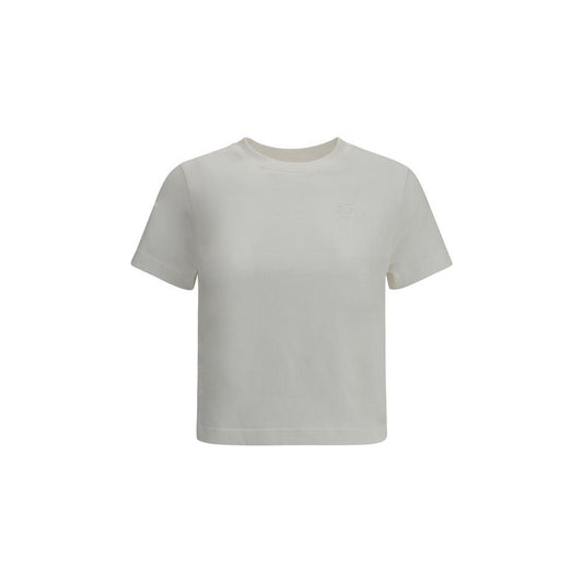 Burberry Cropped T-Shirt featuring ribbed crew neck and Equestrian Knight logo embroidery on front, with side panel ribbon for adjustable ruffles.