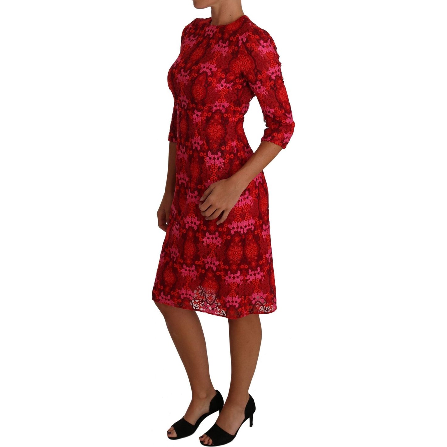 Dolce & Gabbana Floral Crochet Lace Red Pink Sheath Dress