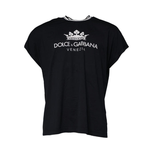 Dolce & Gabbana Dark Blue Logo Crown Cotton Crew Neck T-shirt