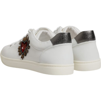 Dolce & Gabbana White Leather Heart Embellished Sneakers Shoes