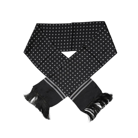 Dolce & Gabbana Black White Polka Dotted Silk Skinny Fringes Scarf MS7195