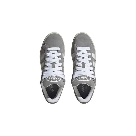Top view of Adidas CAMPUS 00s HQ8707 gray sneakers with white laces, featuring iconic Adidas stripes, 80% suede and 20% rubber design.