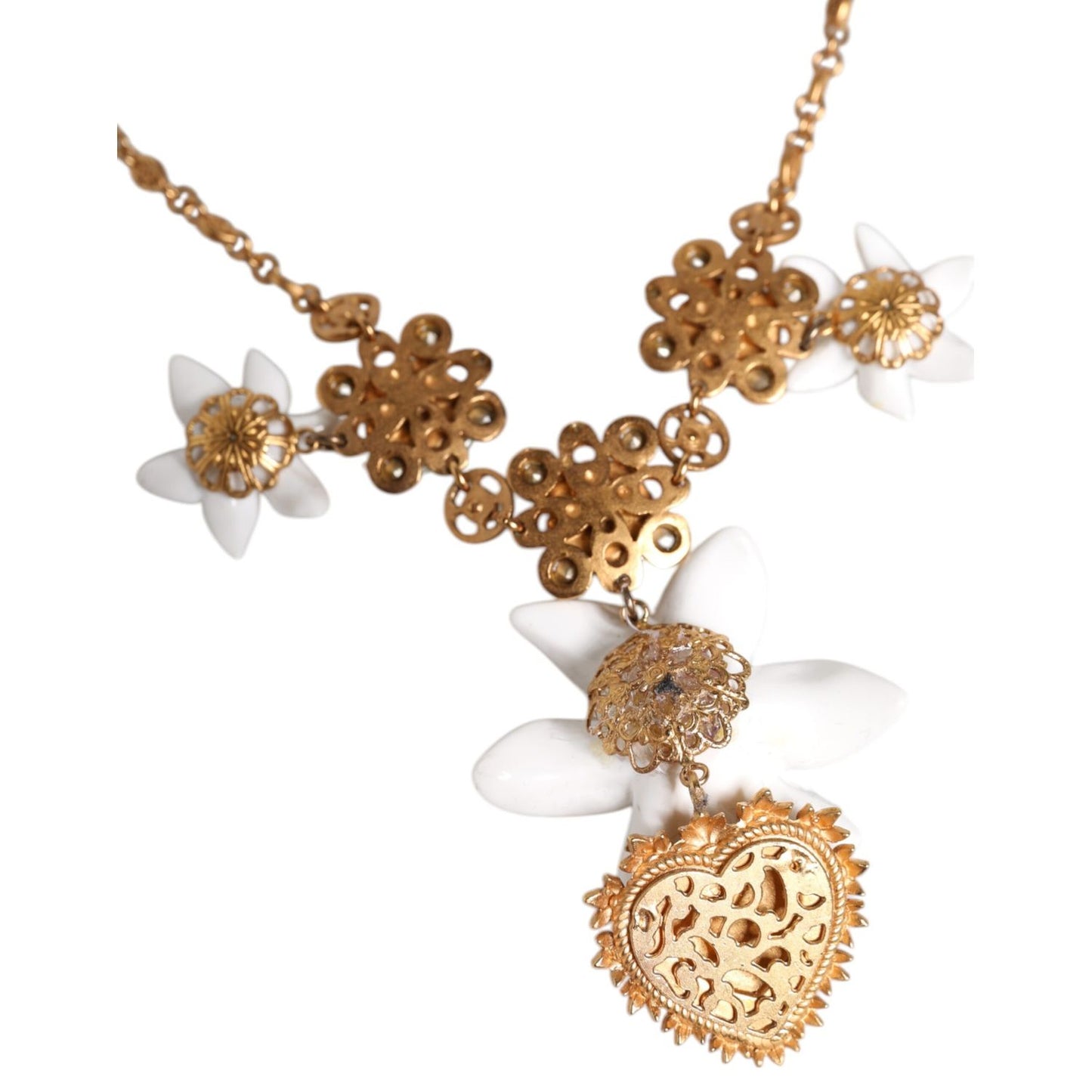 Dolce & Gabbana Gold Brass Lily Crystal Sacred Heart Pendant Necklace