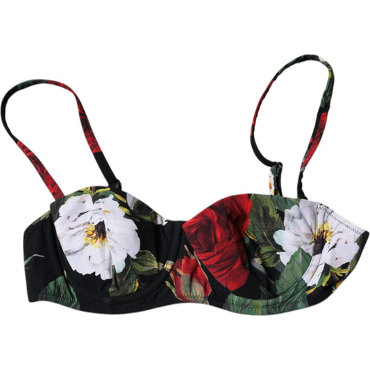 Dolce & Gabbana Black Floral Print Nylon Balconcino Bra Underwear