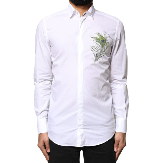 Dolce & Gabbana White Cotton Peacock Feather GOLD Formal Shirt