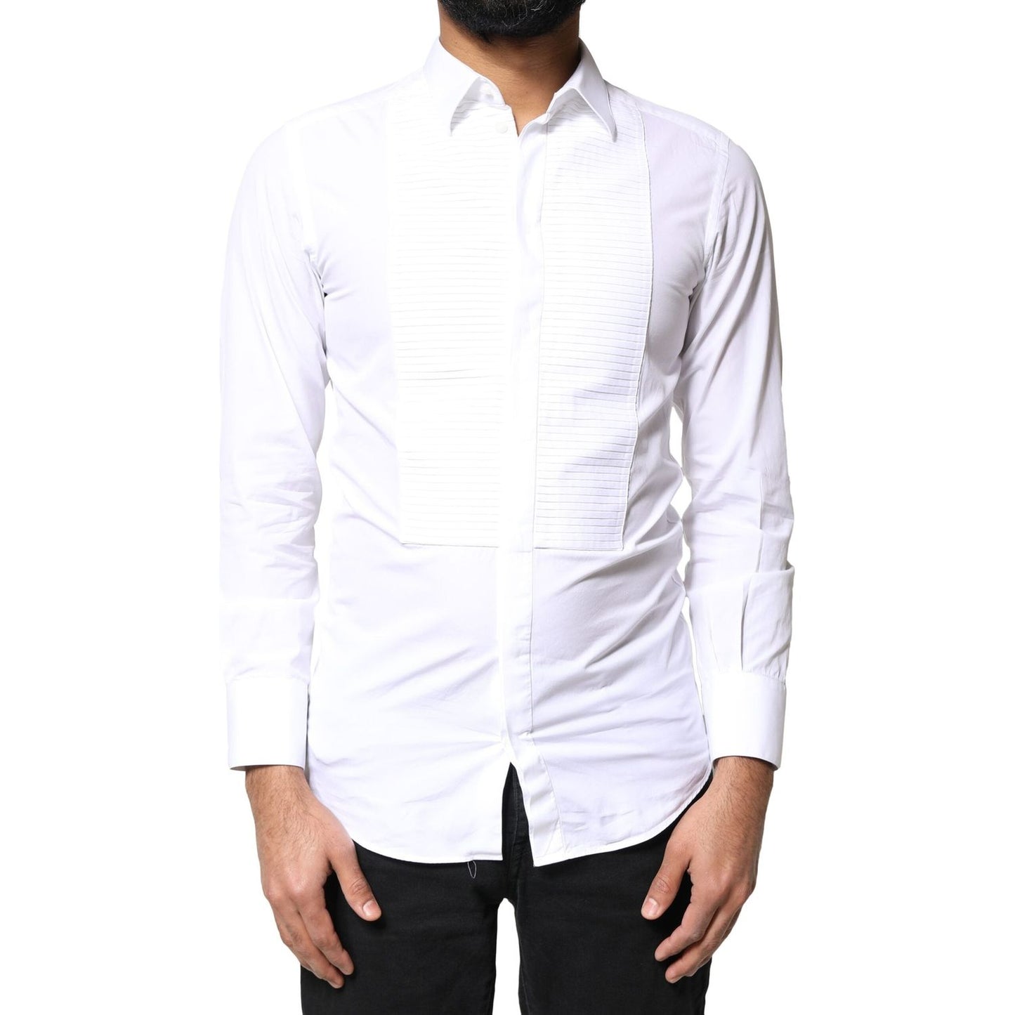 Dolce & Gabbana White GOLD Cotton Poplin Bib Men Dress Shirt TSH86510-37