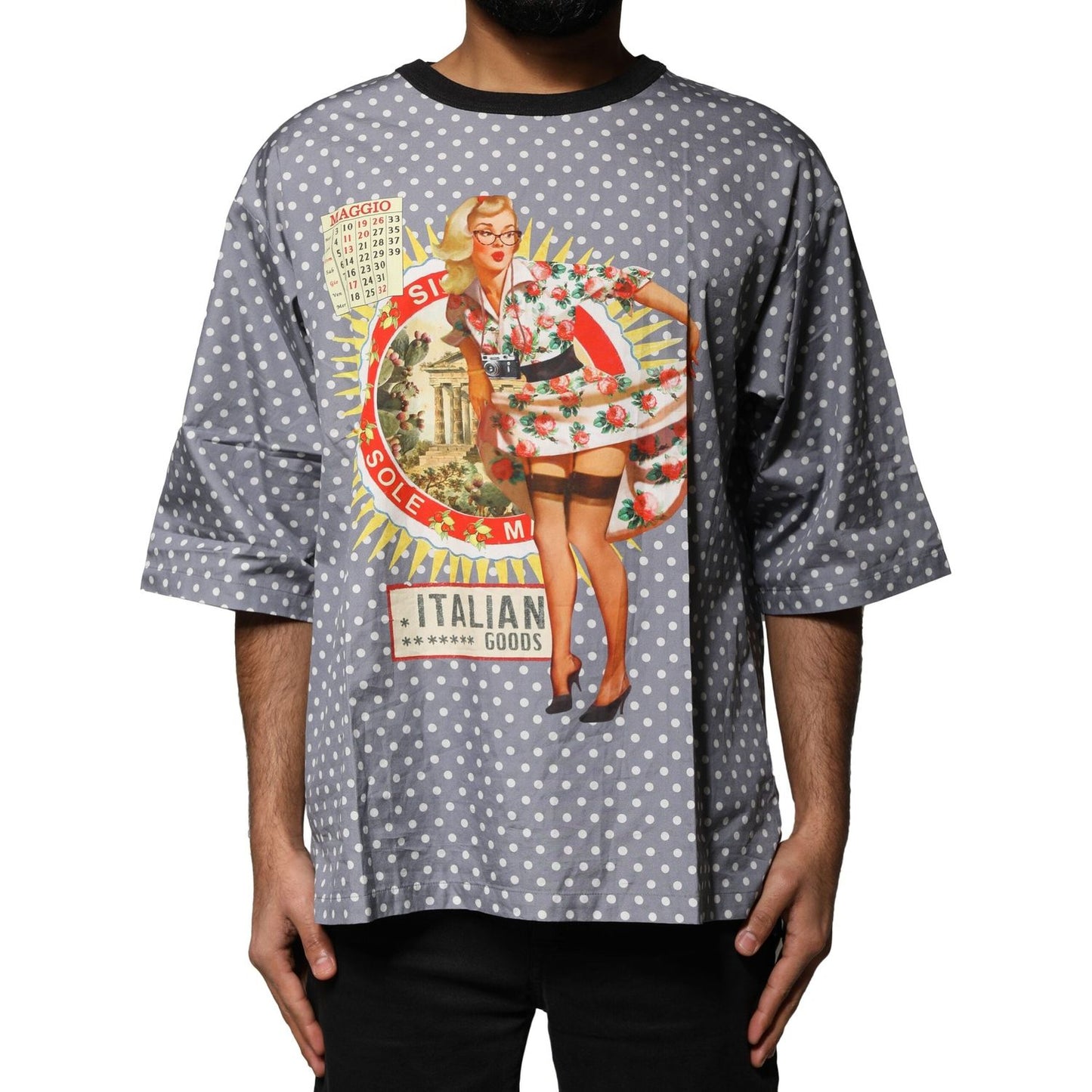 Dolce & Gabbana Gray Polka Dot Pin-Up Print Crew Neck T-shirt TSH87746-52