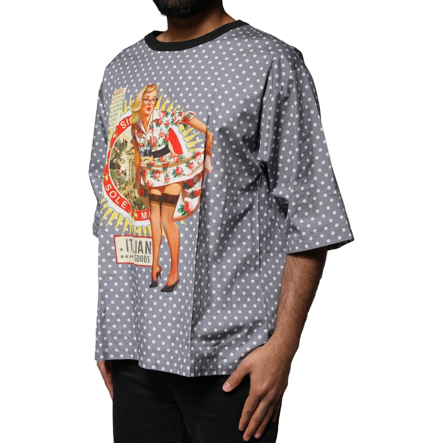 Dolce & Gabbana Gray Polka Dot Pin-Up Print Crew Neck T-shirt TSH87746-52
