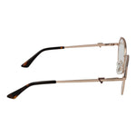 Side view of Guess Gold Women Glasses Frame showcasing metal full-rim and spring hinges with round lenses in demo glasses.