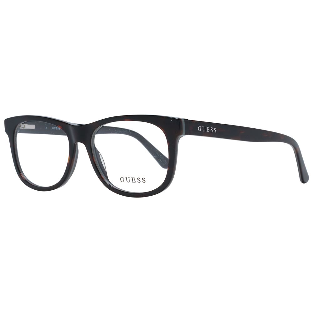 Guess Brown Unisex Glasses Frame, full-rim square plastic design with branded case, lens width 51mm, spring hinge included.