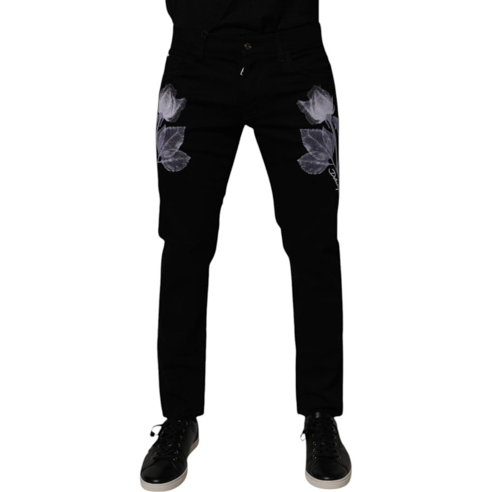 Dolce & Gabbana Black Floral Cotton Skinny Men Denim Jeans PAN75260-48