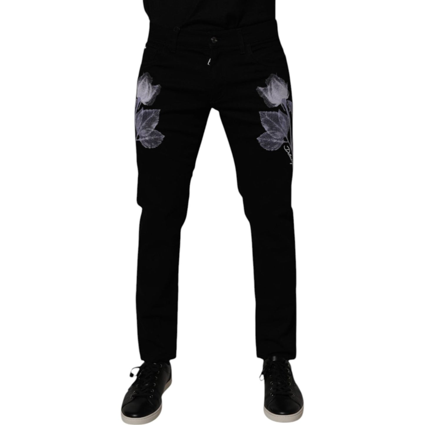 Dolce & Gabbana Black Floral Cotton Skinny Men Denim Jeans PAN75260-48