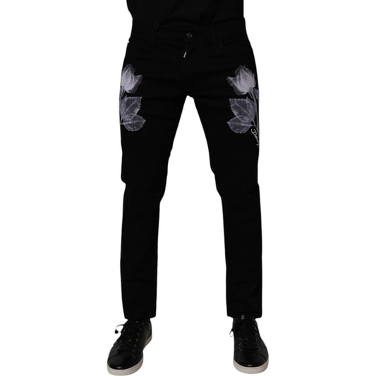 Dolce & Gabbana Black Floral Cotton Skinny Men Denim Jeans PAN75260-48