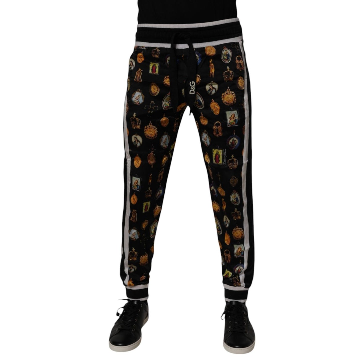 Dolce & Gabbana Black Religious Print Silk Men Jogger Pants