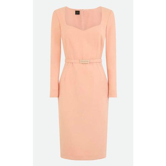 PINKO pink polyester dress with three-quarter sleeves, round neckline, removable logoed belt, and back zipper closure
