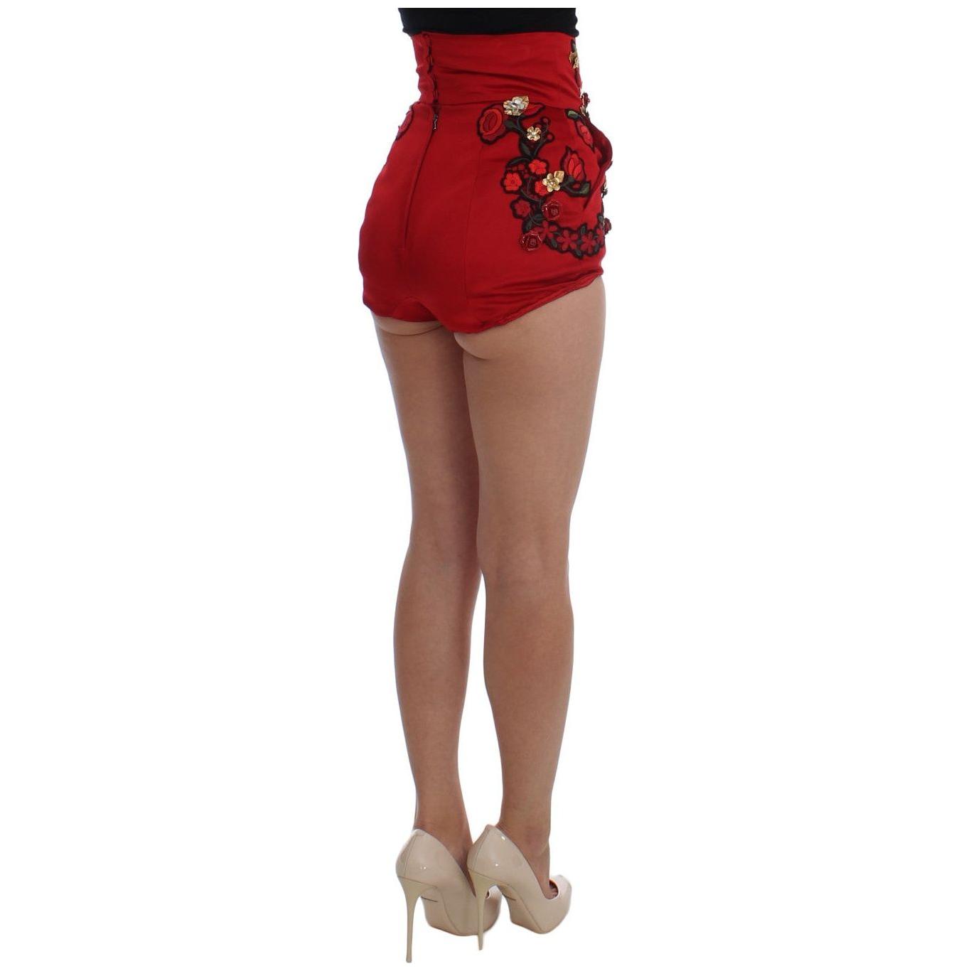 Dolce & Gabbana Red Silk Crystal Roses Shorts