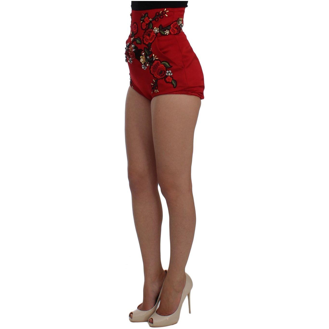 Dolce & Gabbana Red Silk Crystal Roses Shorts