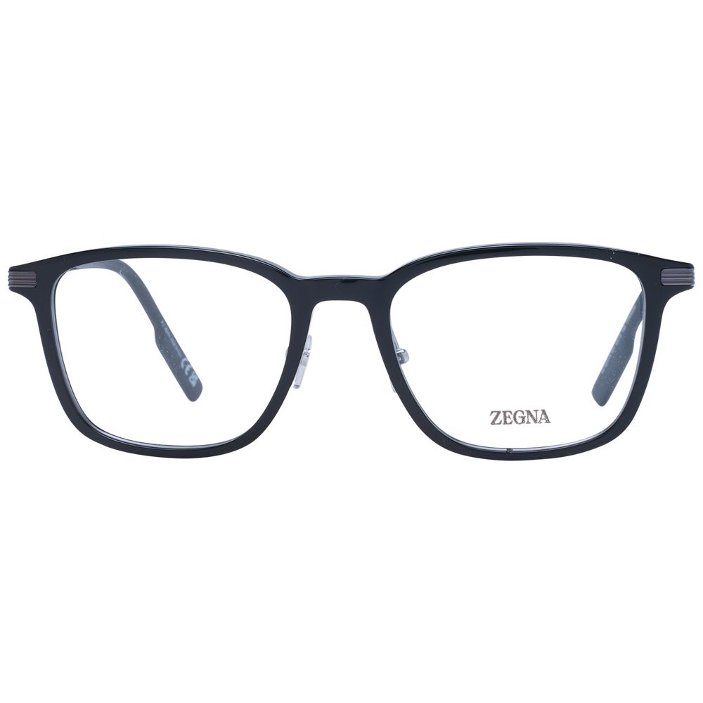 Ermenegildo Zegna Black Men Glasses Frame in black full-rim plastic and titanium square frame with demo lenses.