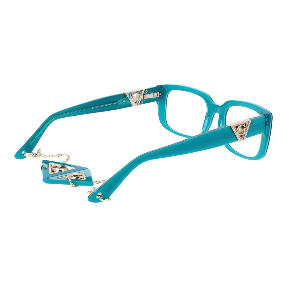 Guess Turquoise Women Glasses Frame in acetate with cat eye style, featuring full-rim design and extra pendant with branded case included.