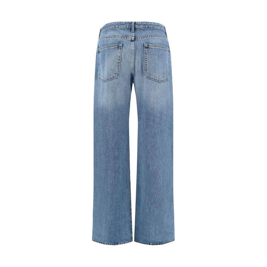 The Row Eglitta Jeans in blue, wide-leg design, minimalist style, rear view showcasing five-pocket silhouette, premium cotton material