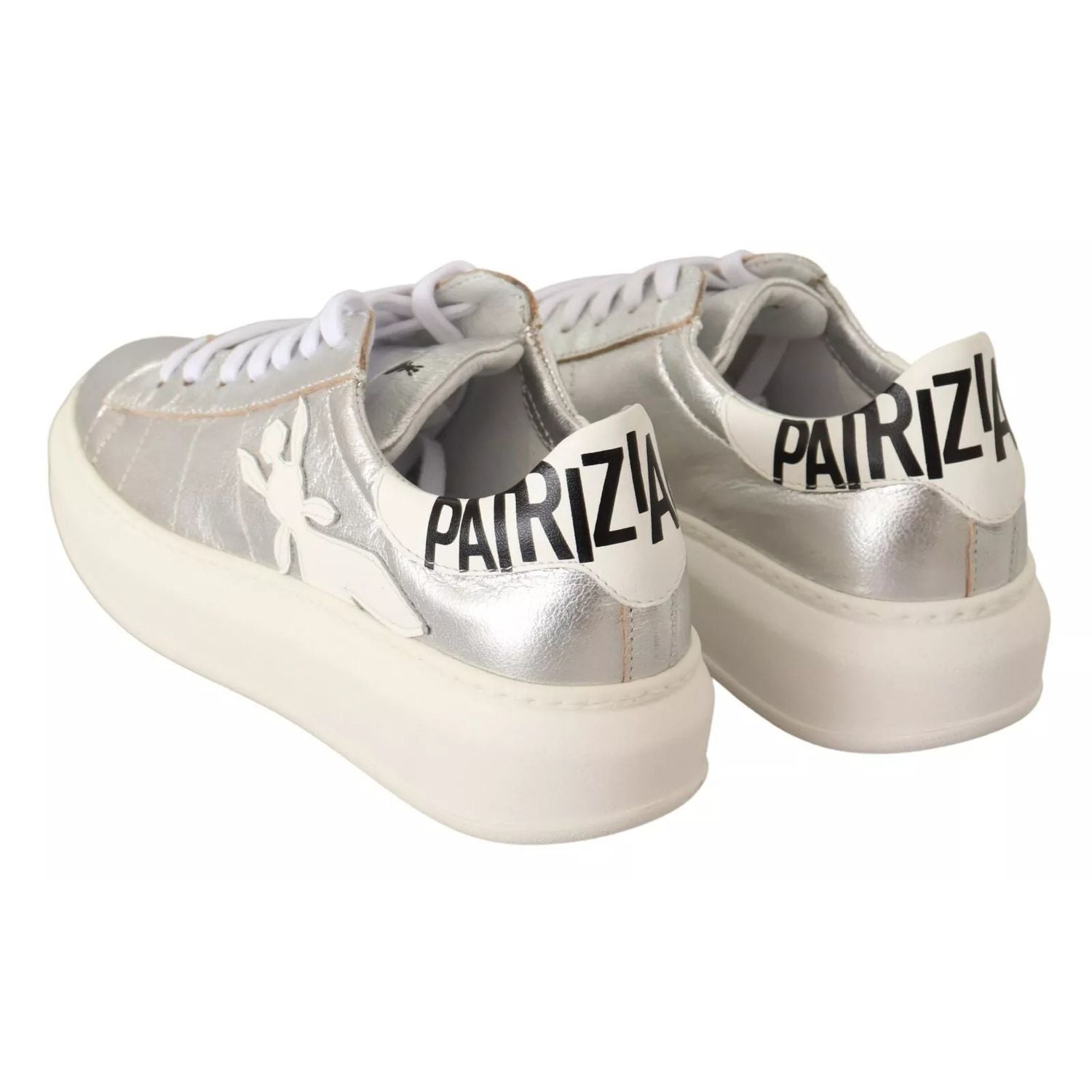 Patrizia Pepe Silver Full Grain Leather Lace Up Sneakers Shoes