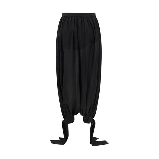 Chloé Silk Pants featuring a wide Arabian-style pattern with adjustable cinched hems and side zipper closure for a sleek silhouette.