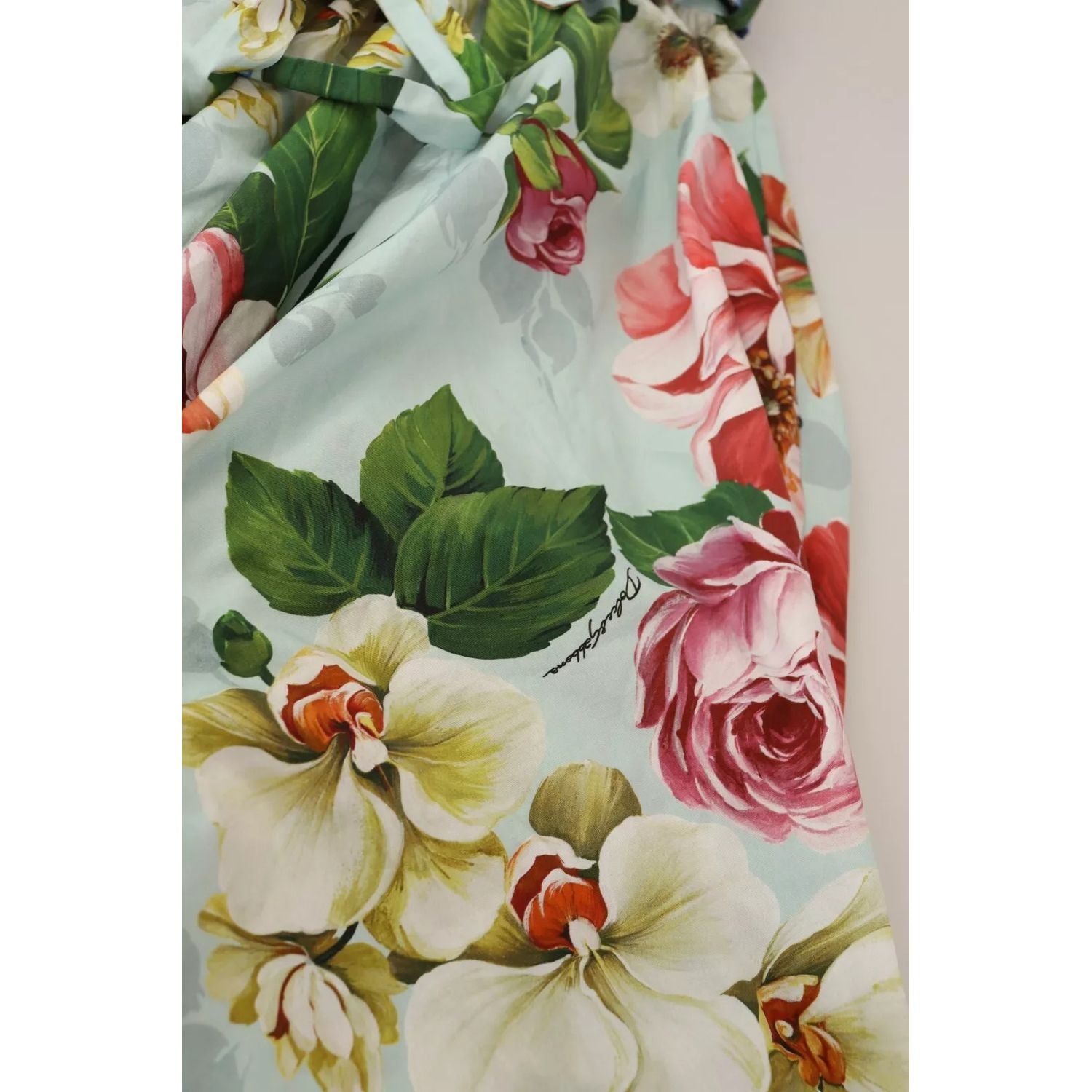 Dolce & Gabbana Green Floral Short Sleeves Cotton V-neck Dress