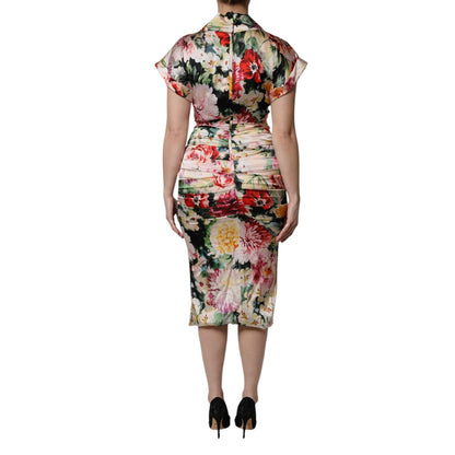 Dolce & Gabbana Multicolor Floral Short Sleeves Sheath Midi Dress