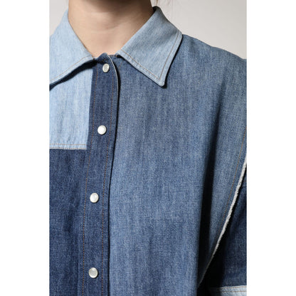 Dolce & Gabbana Blue Cotton Button Up Collared Long Sleeve Top