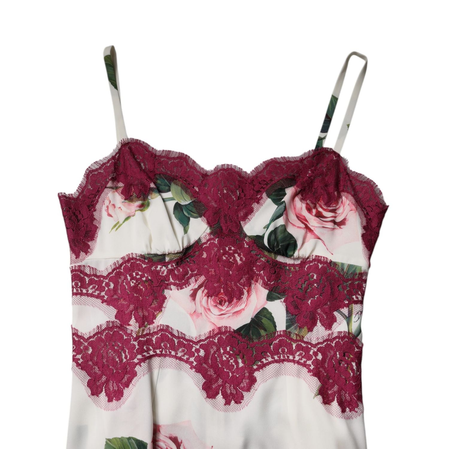 Dolce & Gabbana White Rose Print Satin Lace Tank Top Lingerie