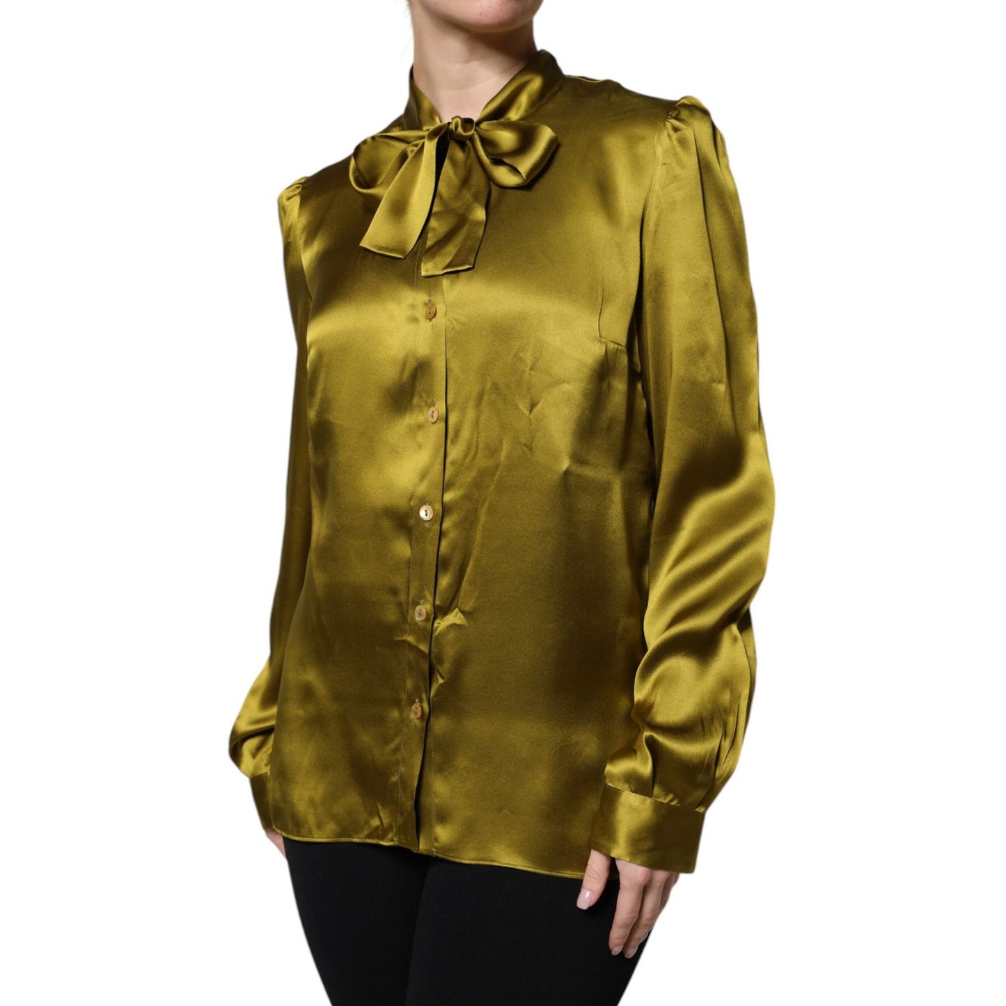 Dolce & Gabbana Olive Green Ascot Collar Long Sleeve Blouse Top