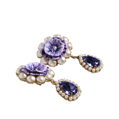 Dolce & Gabbana Purple Flower Pearl Teardrop Crystals Clip On Earrings