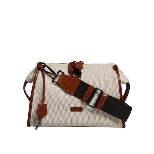 Dolce & Gabbana Beige Brown Cotton Leather Duffle Shoulder Bag