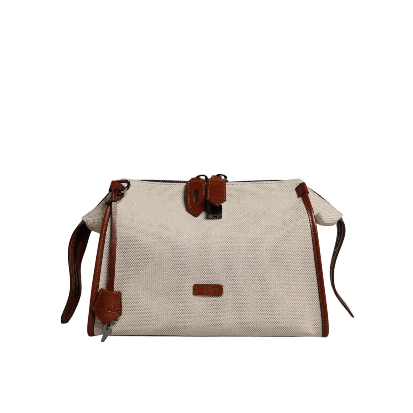 Dolce & Gabbana Beige Brown Cotton Leather Duffle Shoulder Bag