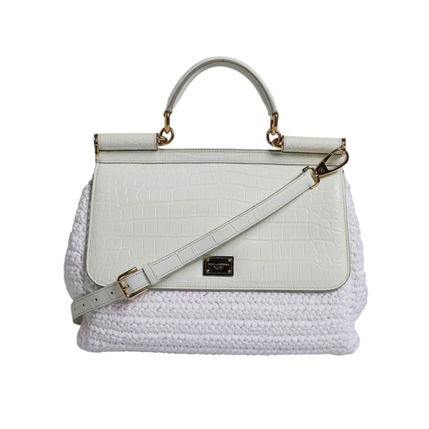 Dolce & Gabbana White Rafia Leather Top Handle Crossbody Bag