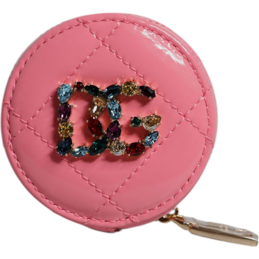 Dolce & Gabbana Pink Lamb Leather DG Crystal Round Coin Purse Wallet