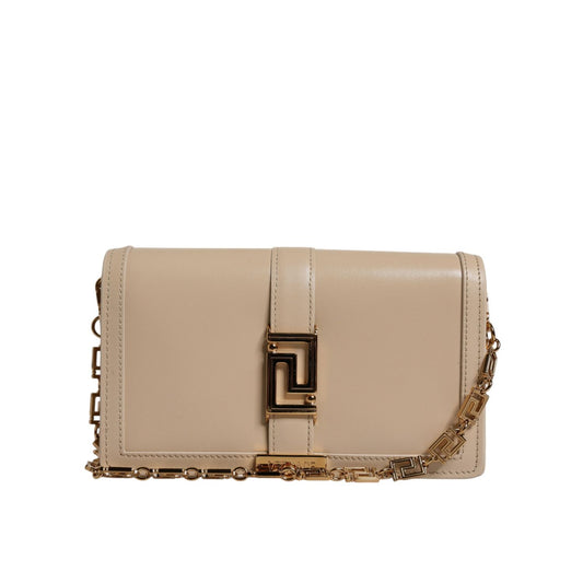 Versace Beige Gold Chain Calf Leather Wallet Crossbody Bag