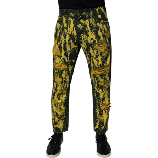 Dolce & Gabbana Black Yellow Tie Dye Tattered Skinny Men Denim Jeans PAN75159-48