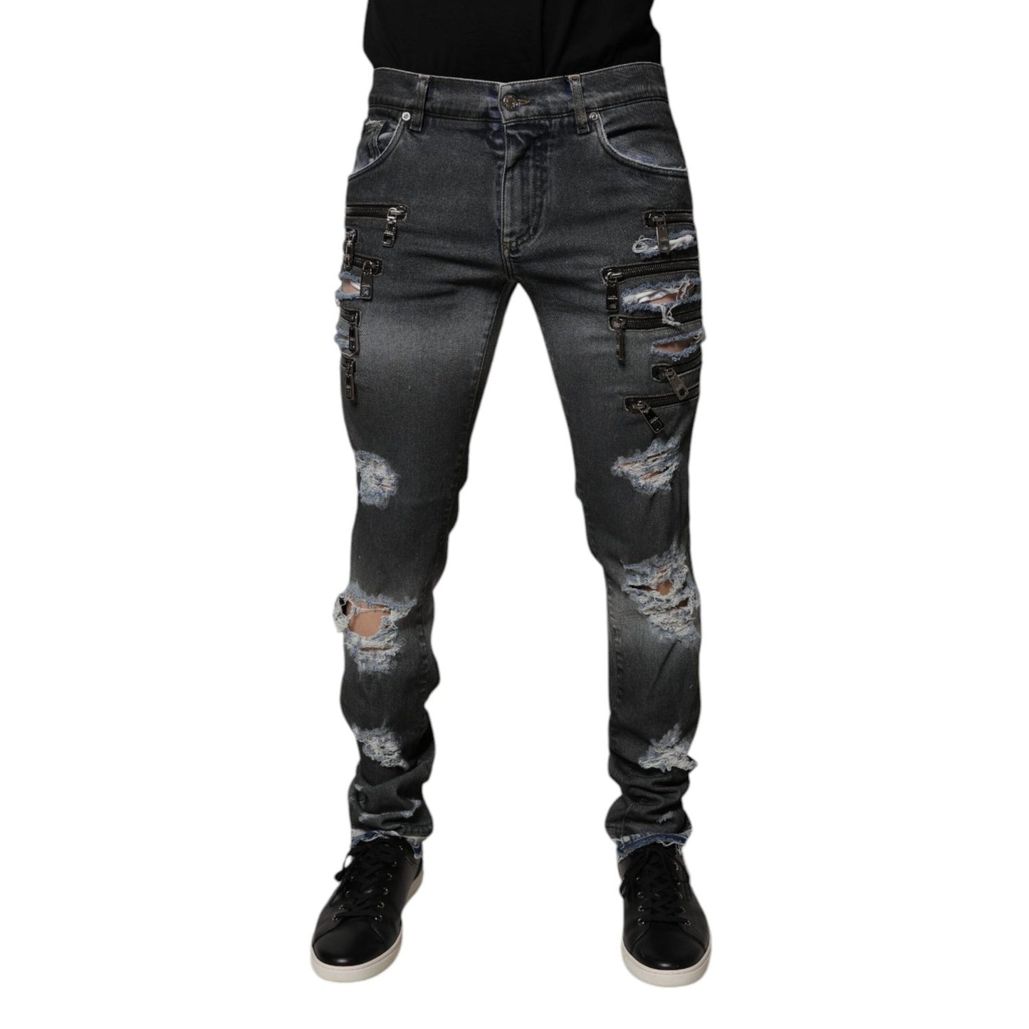 Dolce & Gabbana Dark Gray Tattered Cotton Skinny Denim Jeans
