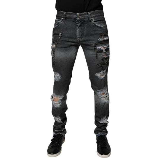Dolce & Gabbana Dark Gray Tattered Cotton Skinny Denim Jeans PAN75173-48