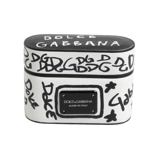 Dolce & Gabbana Black White Leather Scribble Embossed Logo Airpods Case SMY10655