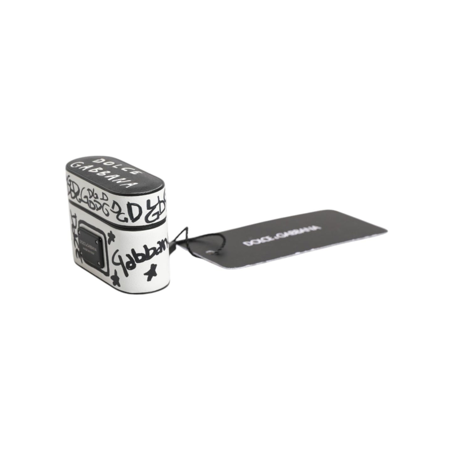Dolce & Gabbana Black White Leather Scribble Embossed Logo Airpods Case